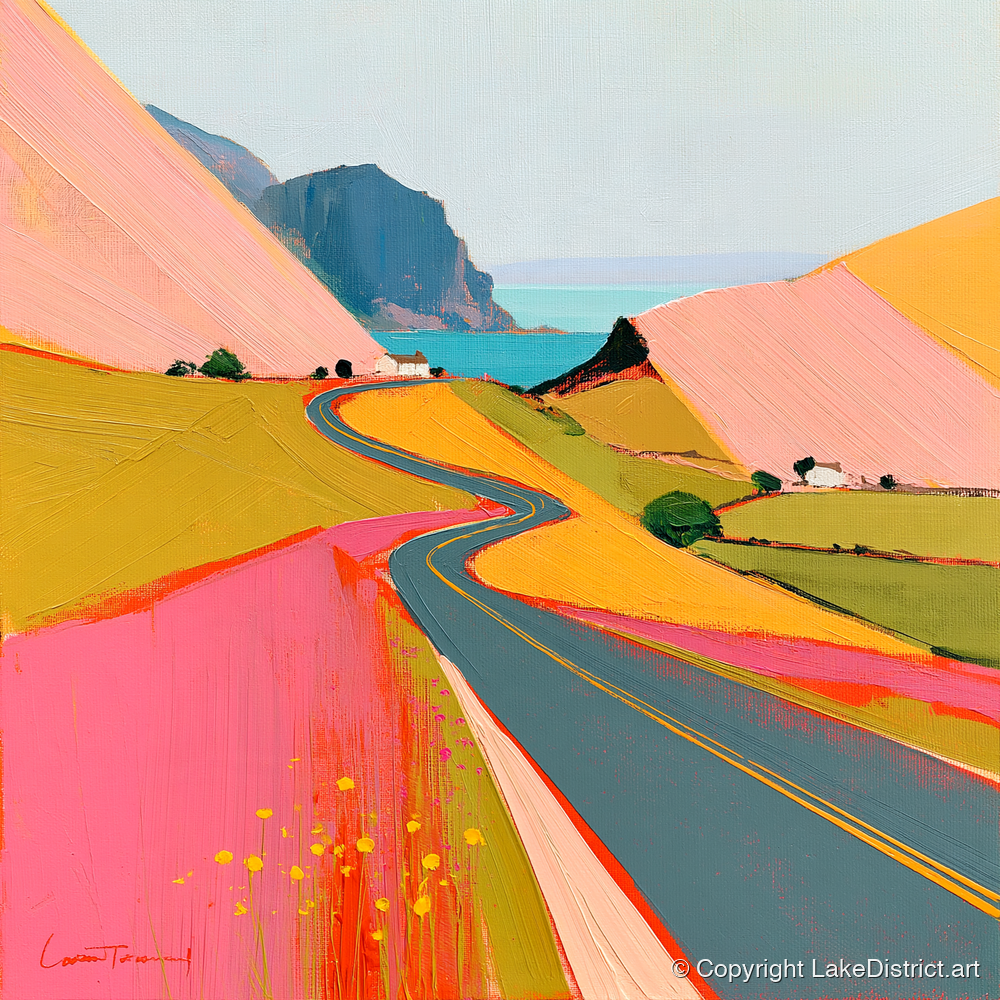 Bold Pink Mountain Pass - lake district valley art print and canvas by Genevieve Moore A.I
