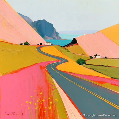 Bold Pink Mountain Pass - lake district valley art print and canvas by Genevieve Moore A.I