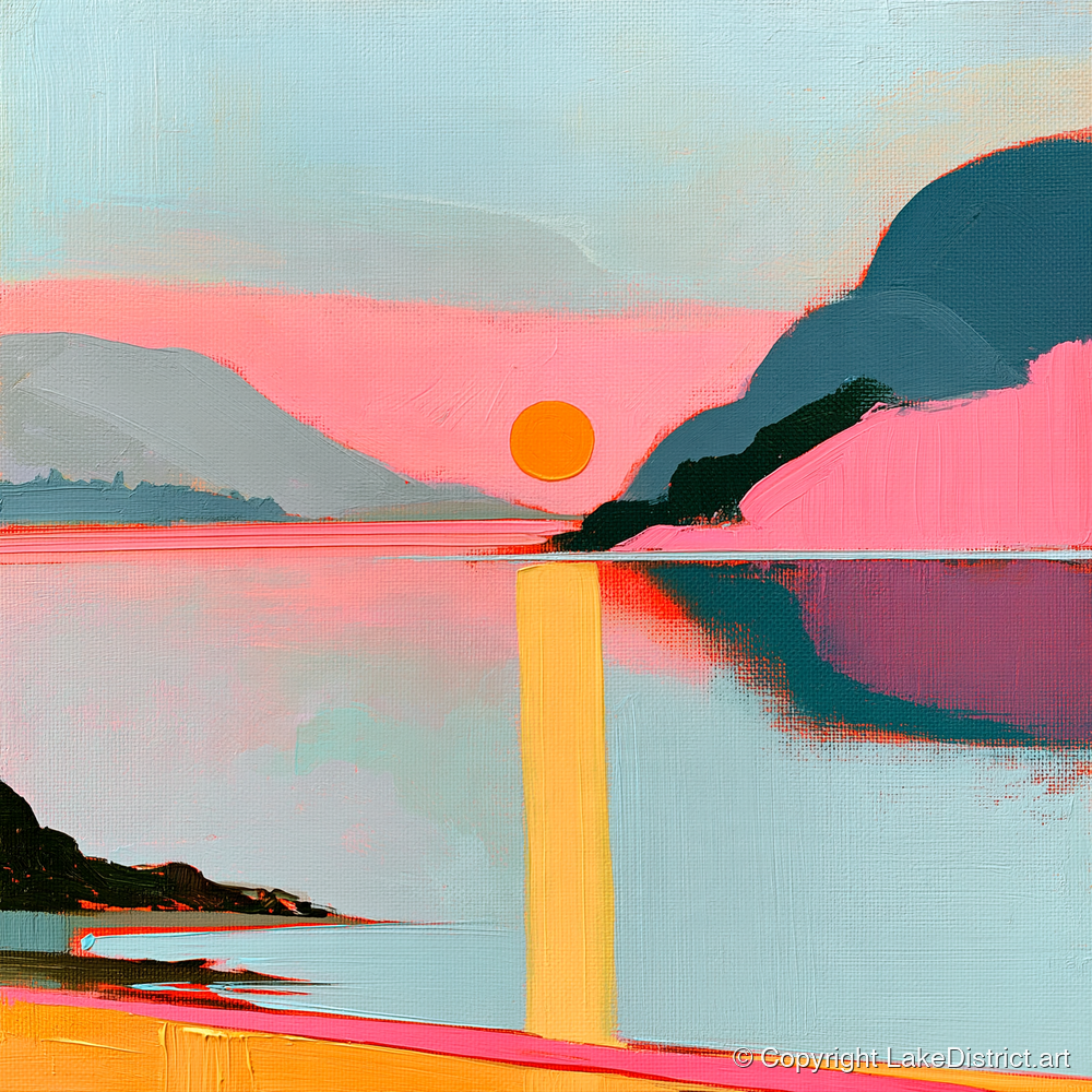 Bold Pink Sunset Over The Lake - lake district lake art print and canvas by Genevieve Moore A.I