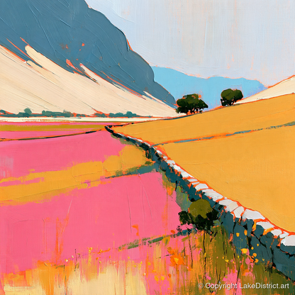 Bold Pink Valley Drystone Wall - lake district valley art print and canvas by Genevieve Moore A.I