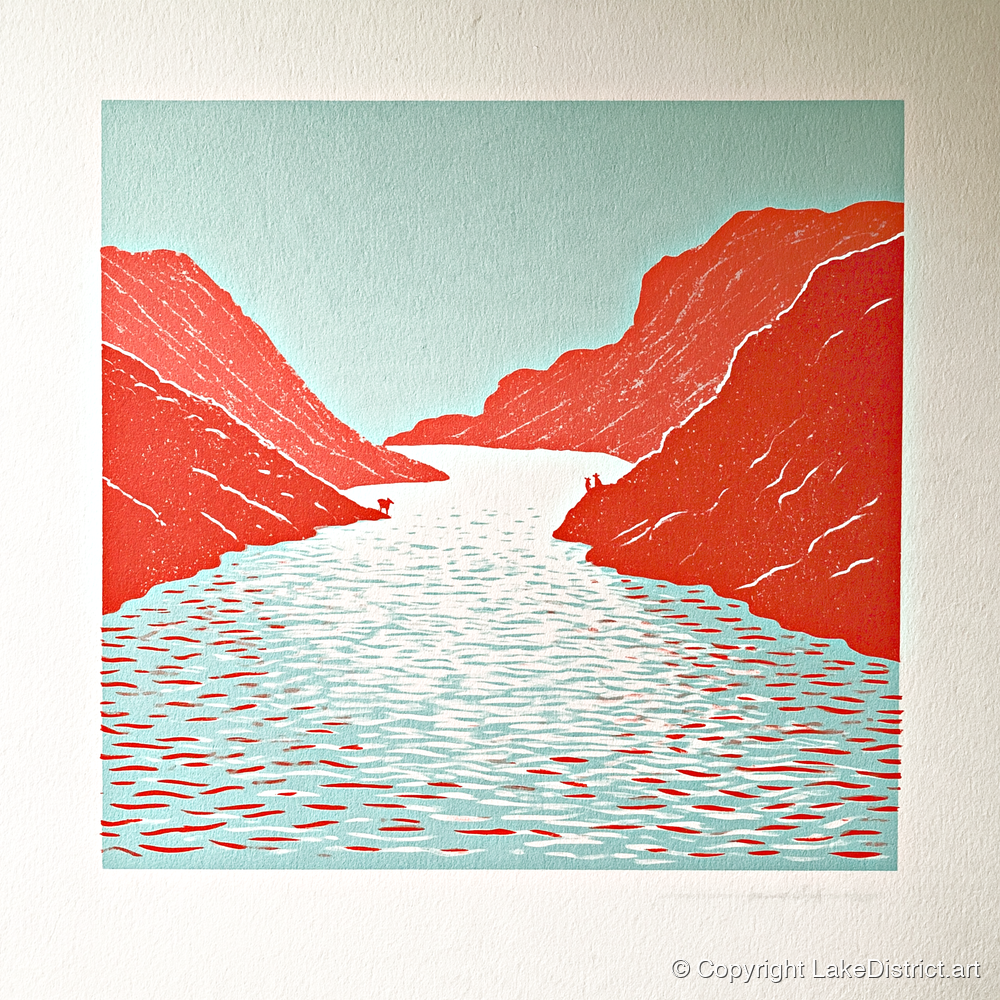 Bold Red Fells and Lake - lake district lake art print and canvas by Edward Loxley A.I