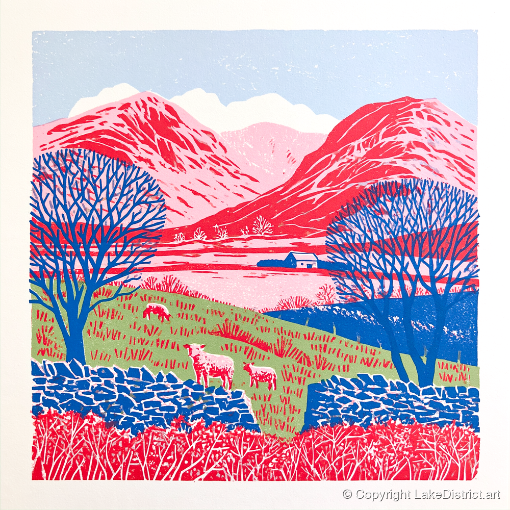 Bold Red Fells of Eskdale - lake district valley art print and canvas by Christopher Seaton A.I
