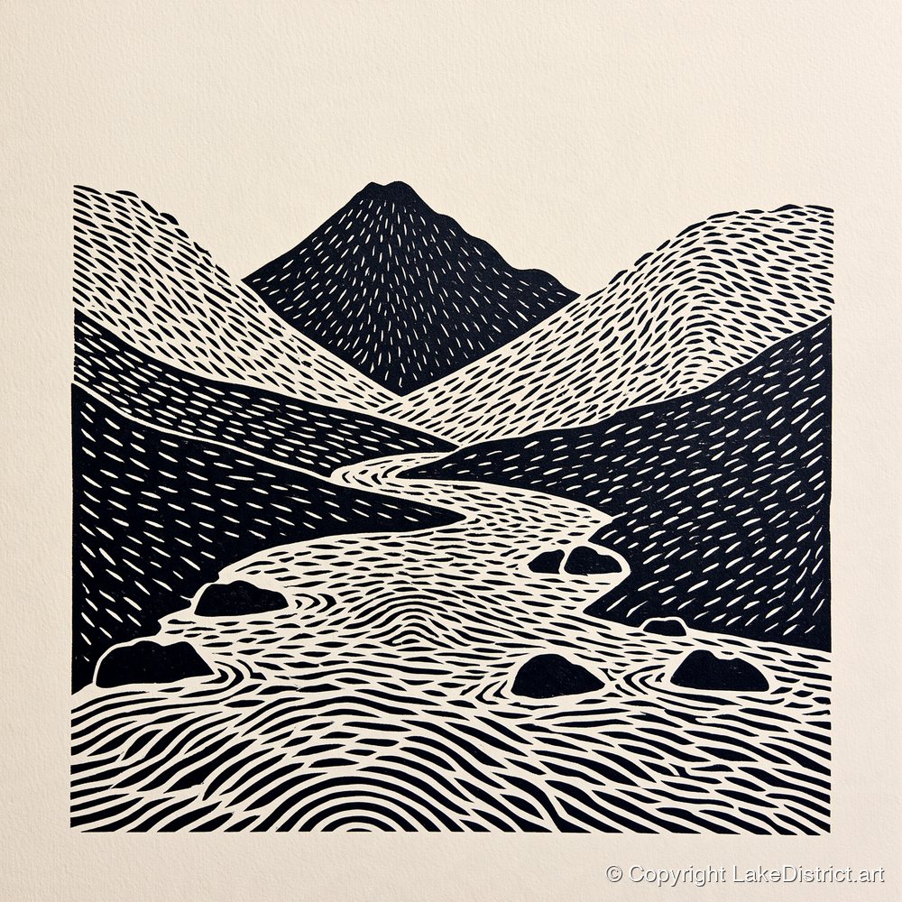 Bold Scafell Pike and Beck - lake district fell art print and canvas by Reuben Shaw A.I