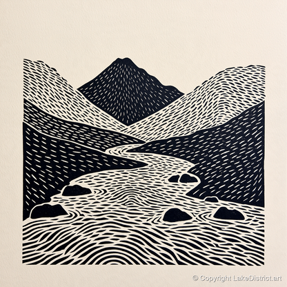Bold Scafell Pike and Beck - lake district fell art print and canvas by Reuben Shaw A.I