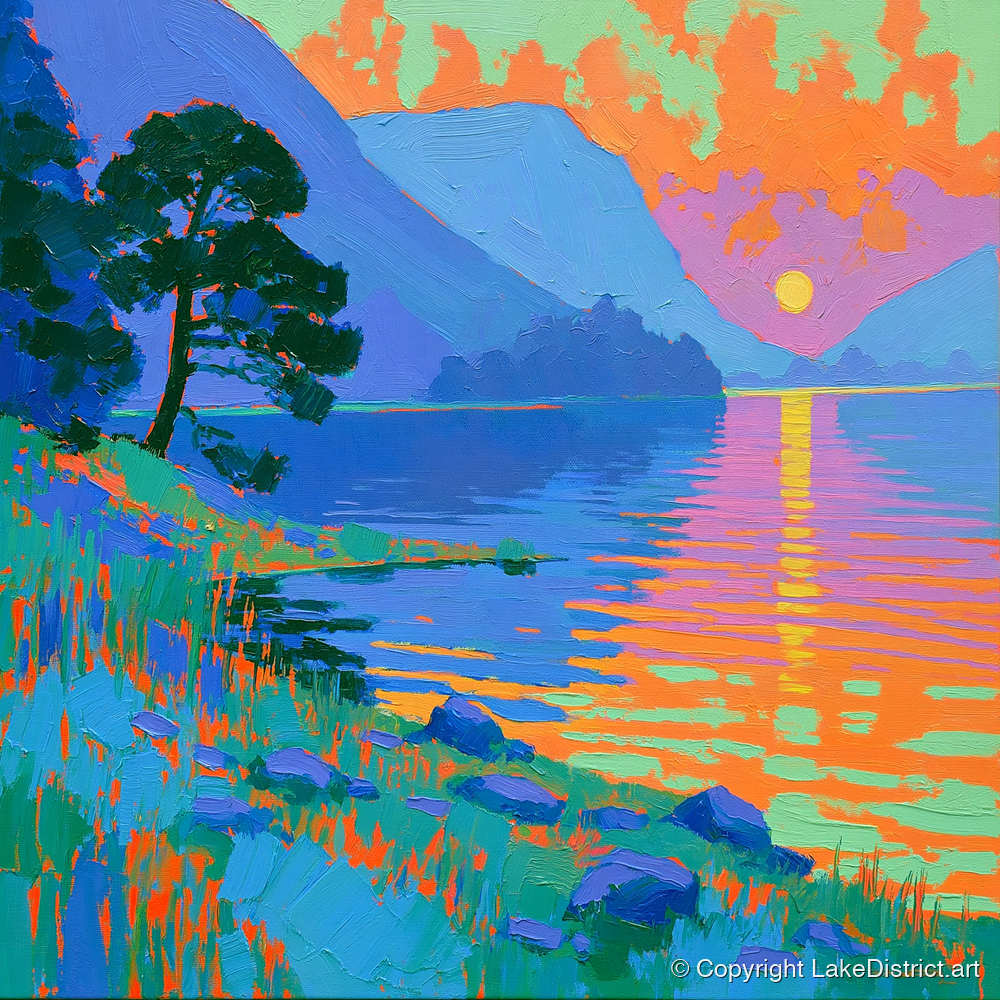 Bold Sunset Over The Lake - lake district lake art print and canvas by Jonathan Crawford A.I