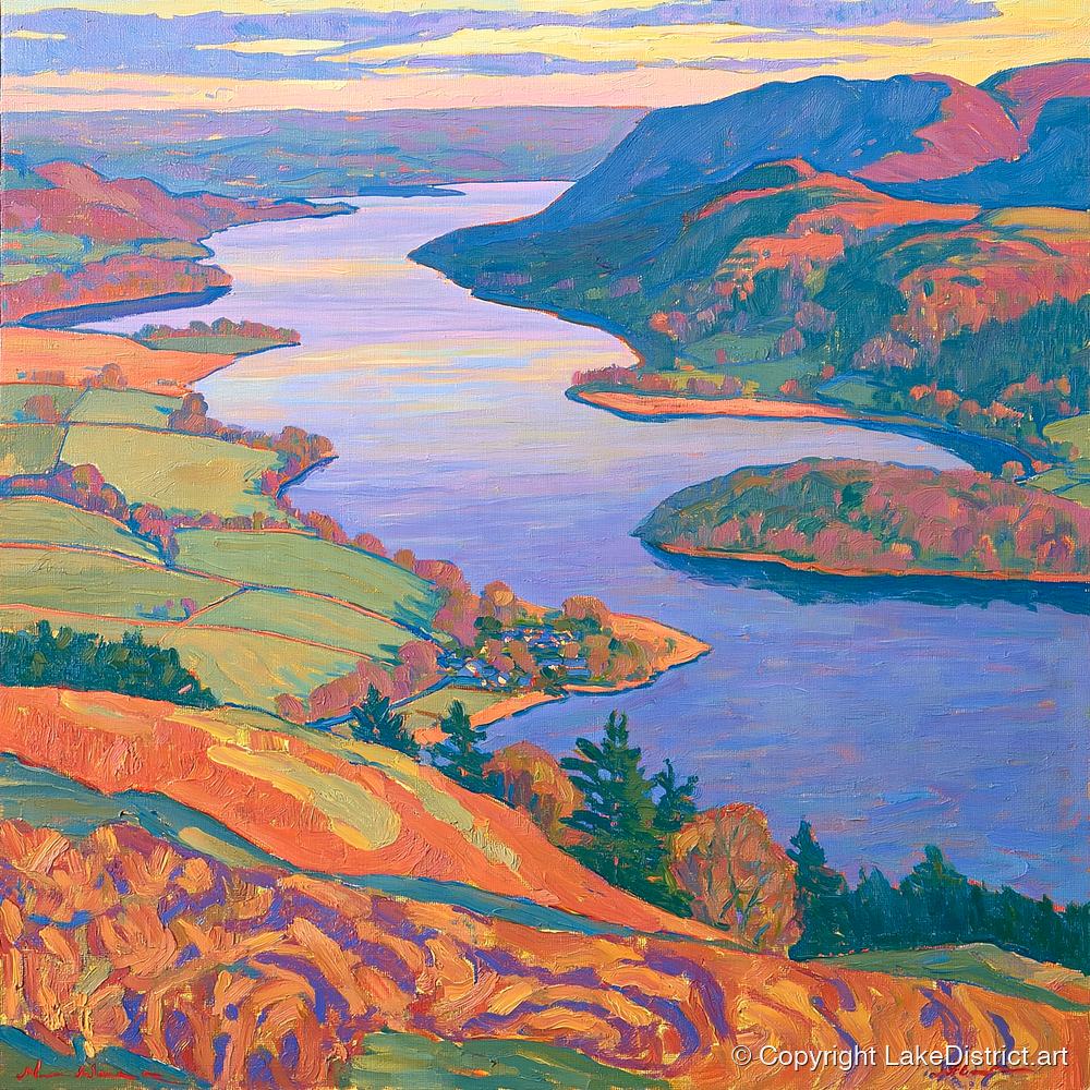 Bold Ullswater and Pooley Bridge - lake district village art print and canvas by Celia Harding A.I