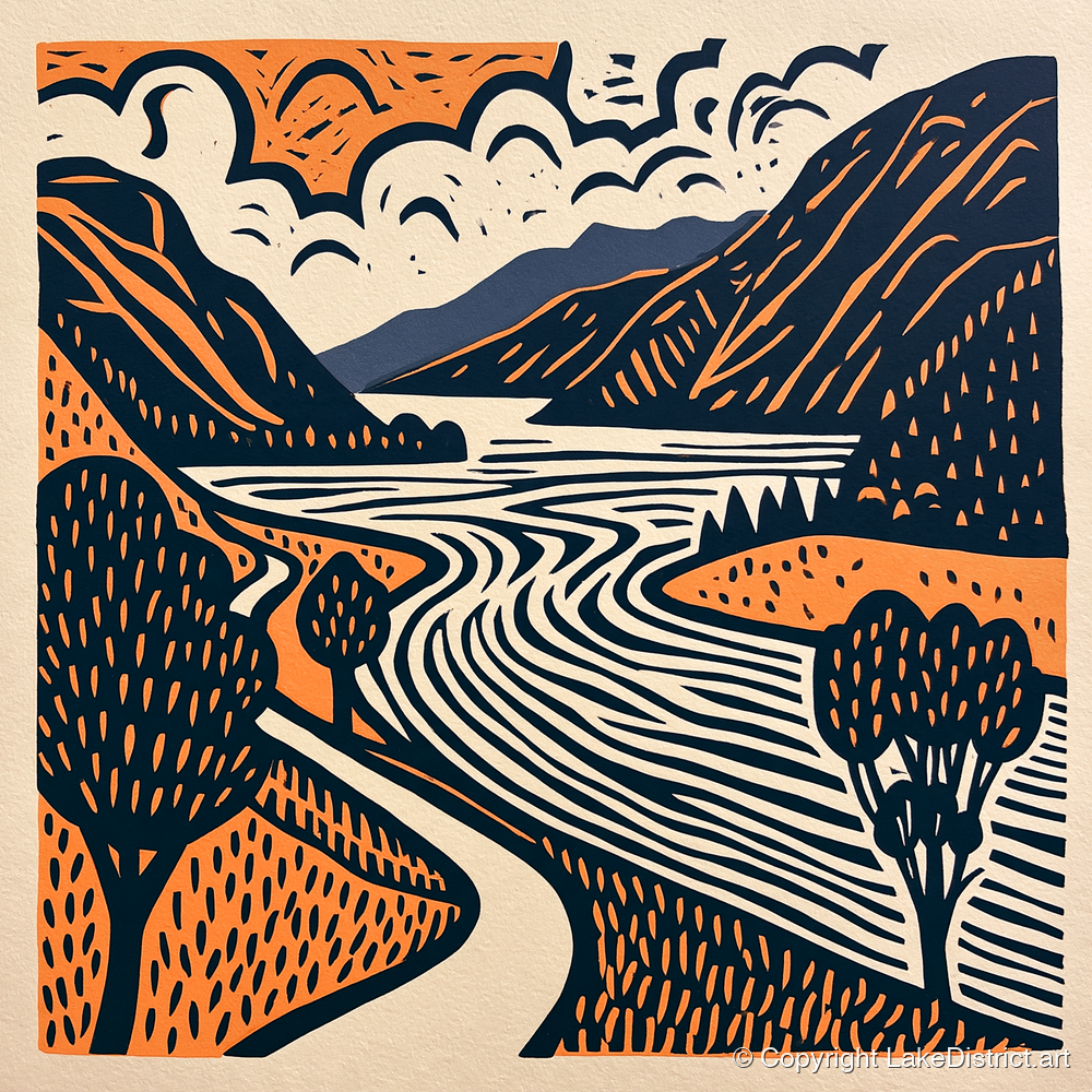 Bold Ullswater in Terracotta and Navy - lake district lake art print and canvas by Leon Baxter A.I