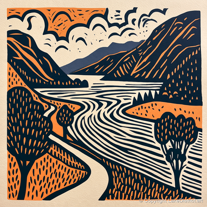 Bold Ullswater in Terracotta and Navy - lake district lake art print and canvas by Leon Baxter A.I