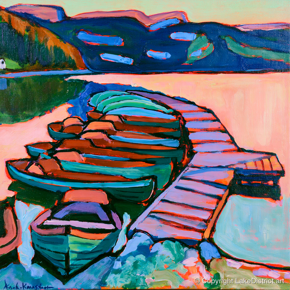 Bold Windermere Boats and Jetty - lake district lake art print and canvas by Gideon Wright A.I