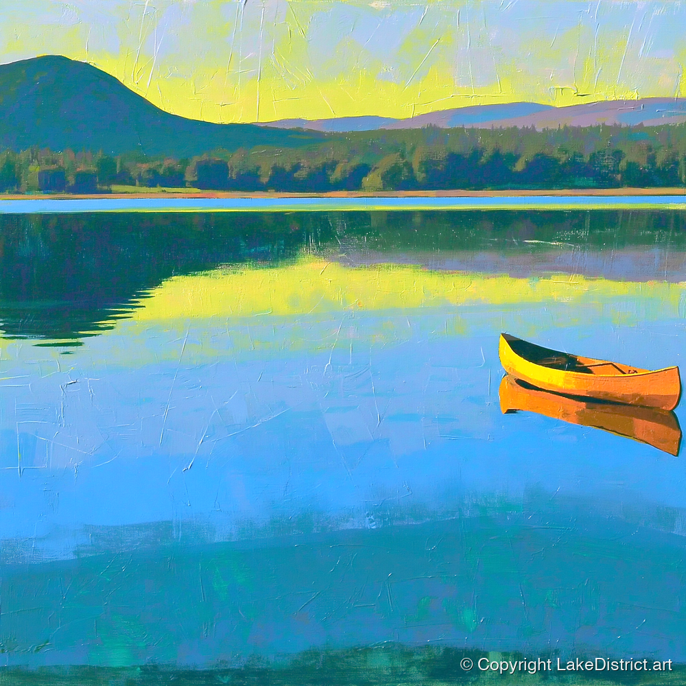 Bold Yellow Canoe on Windermere - lake district lake art print and canvas by Daphne Morley A.I