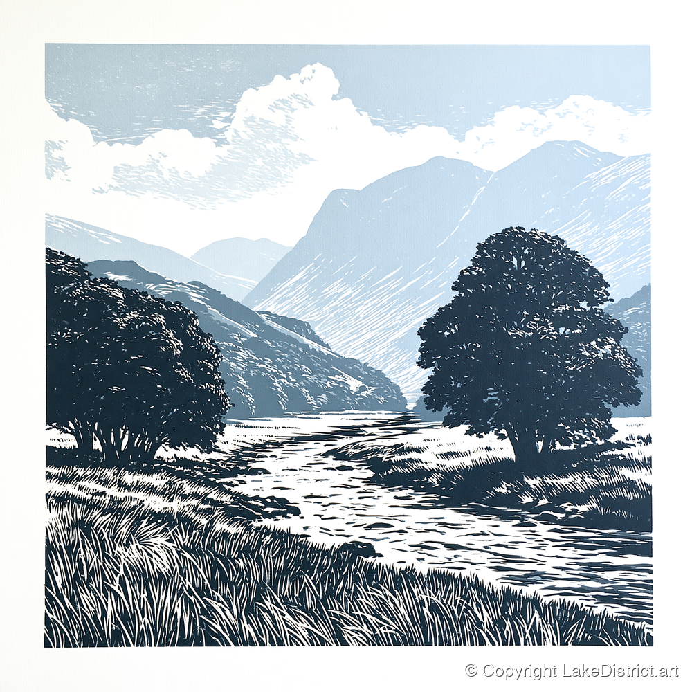 Borrowdale River in Slate Blue - lake district valley art print and canvas by Alfred Morland A.I