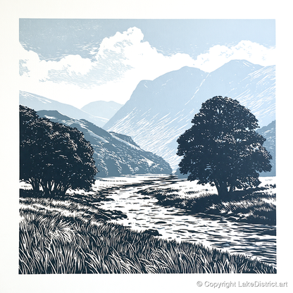 Borrowdale River in Slate Blue - lake district valley art print and canvas by Alfred Morland A.I