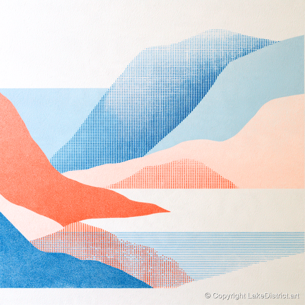 Borrowdale Valley in Coral and Blue - lake district valley art print and canvas by Elliot Reid A.I