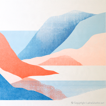 Borrowdale Valley in Coral and Blue - lake district valley art print and canvas by Elliot Reid A.I