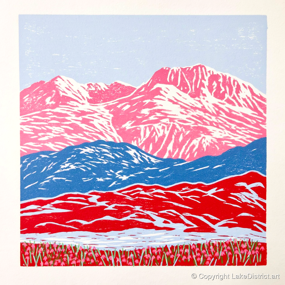 Bowfell in Bold Pink and Blue - lake district fell art print and canvas by Christopher Seaton A.I