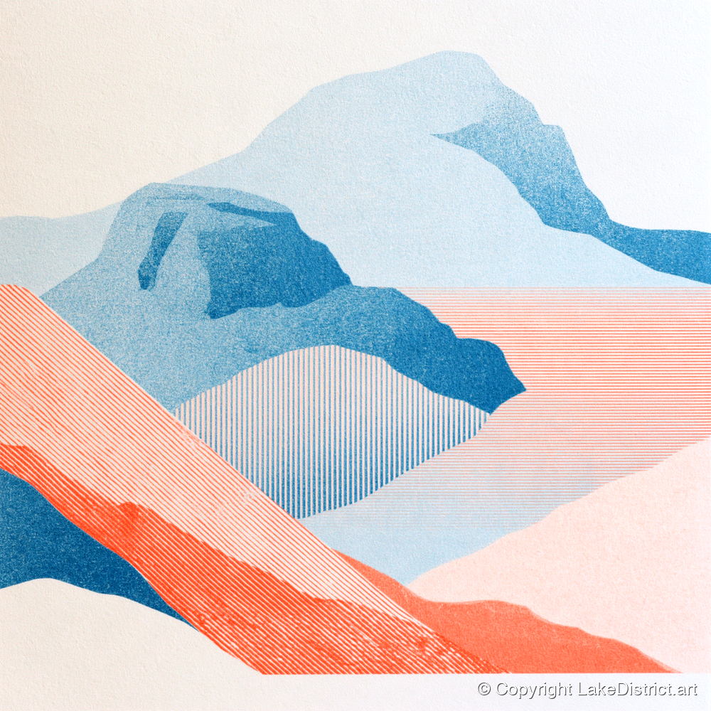 Bowfell in Graphic Coral and Blue - lake district fell art print and canvas by Elliot Reid A.I