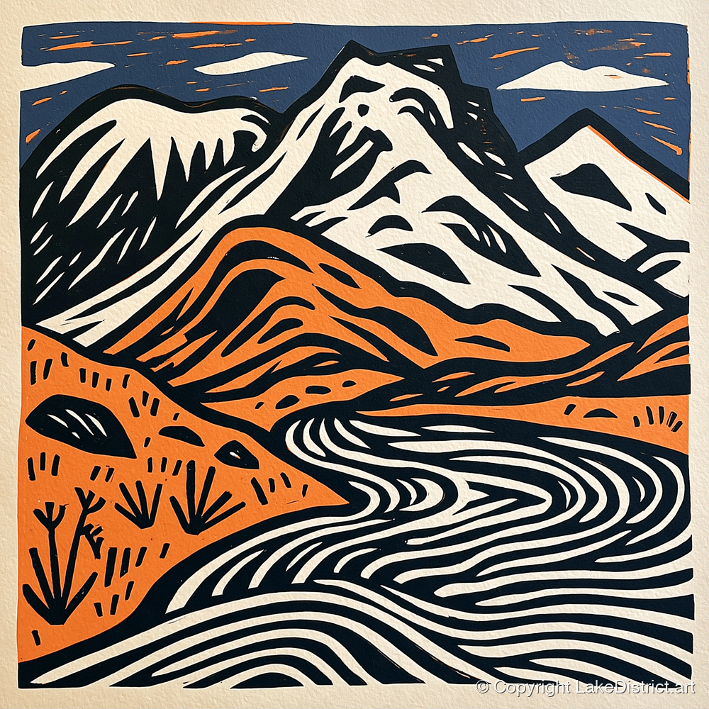 Bowfell in Navy and Terracotta - lake district fell art print and canvas by Leon Baxter A.I