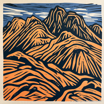 Bowfell in Terracotta and Navy - lake district fell art print and canvas by Leon Baxter A.I