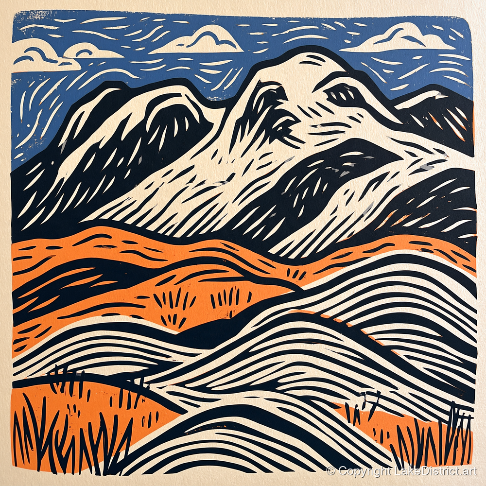 Bowfell Over Orange Fells - lake district fell art print and canvas by Leon Baxter A.I
