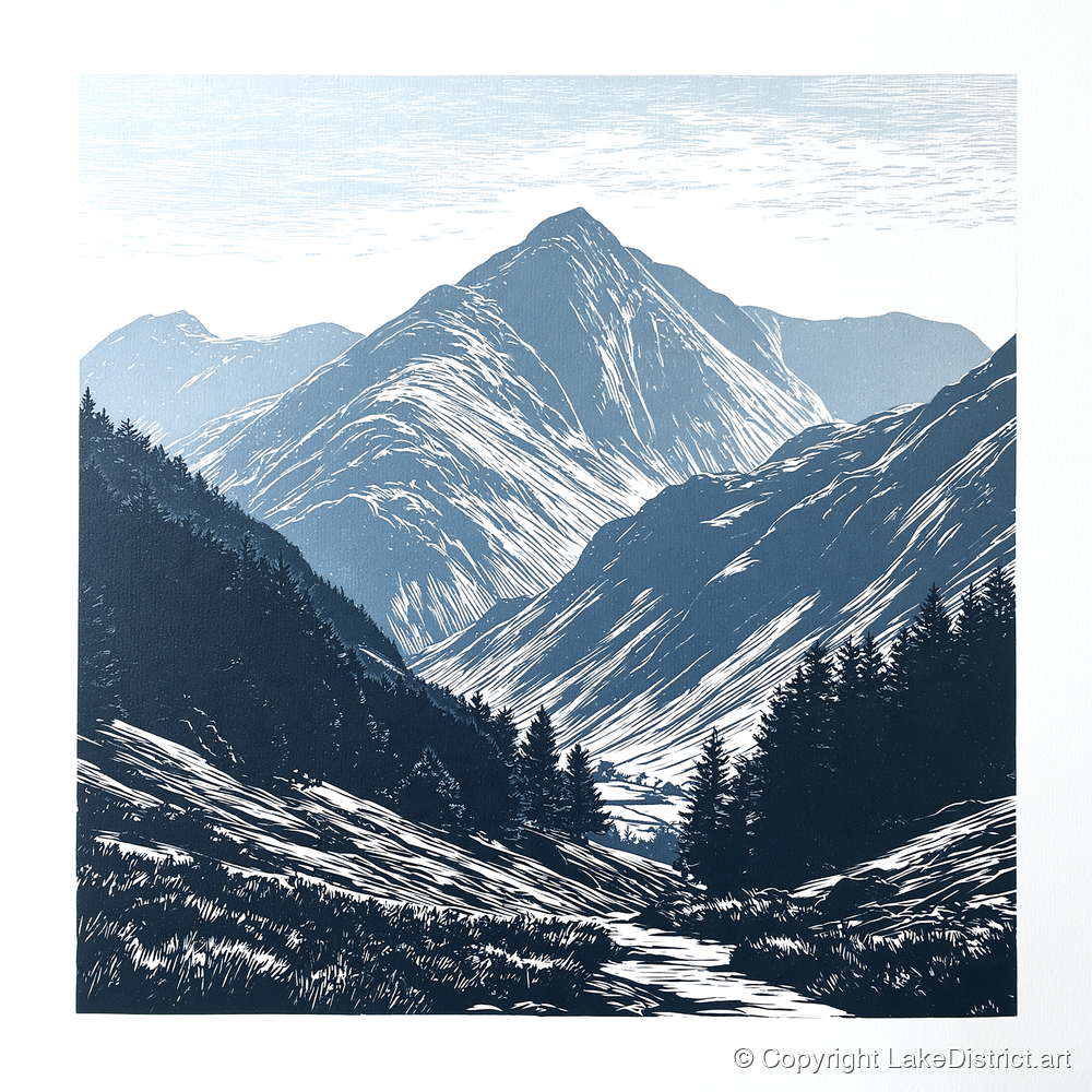 Bowfell Peak in Slate Blue - lake district fell art print and canvas by Alfred Morland A.I