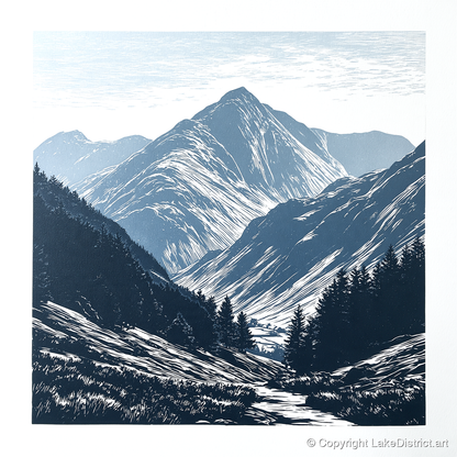 Bowfell Peak in Slate Blue - lake district fell art print and canvas by Alfred Morland A.I