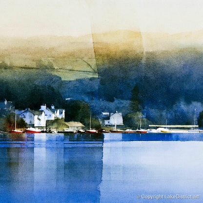 Bowness Bay in Deep Indigo - lake district village art print and canvas by Nathaniel Ward A.I