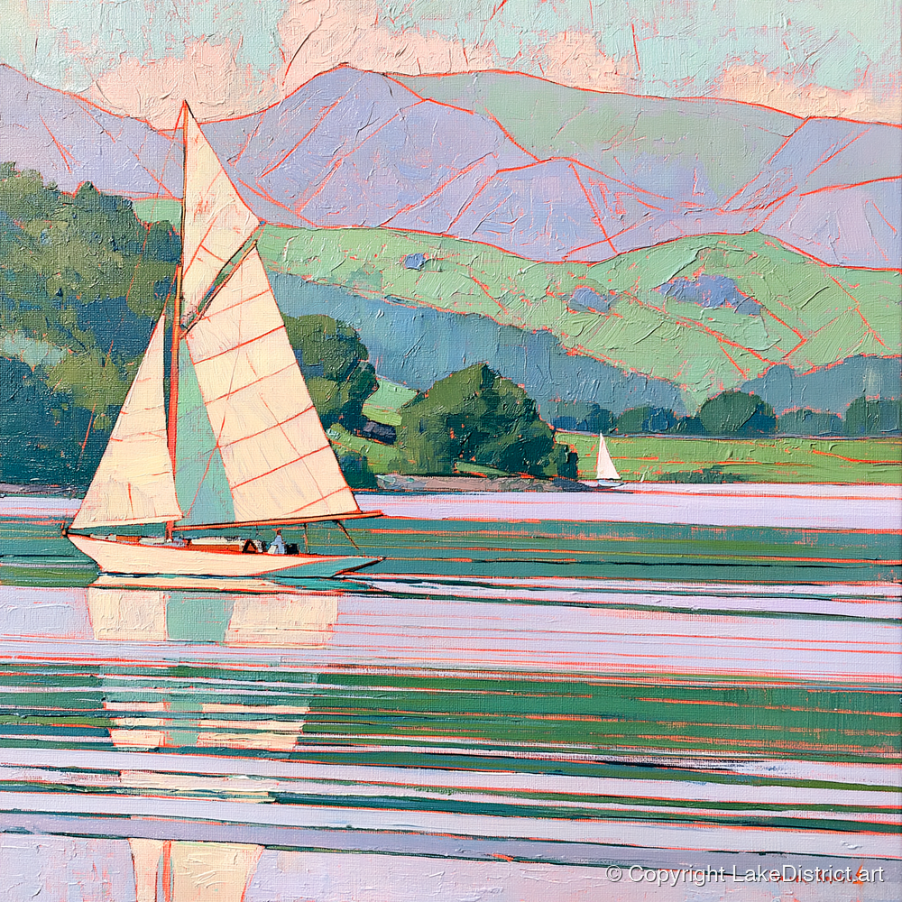 Breezy Sailing on Pastel Waters - lake district walking art print and canvas by Cedric Montgomery A.I