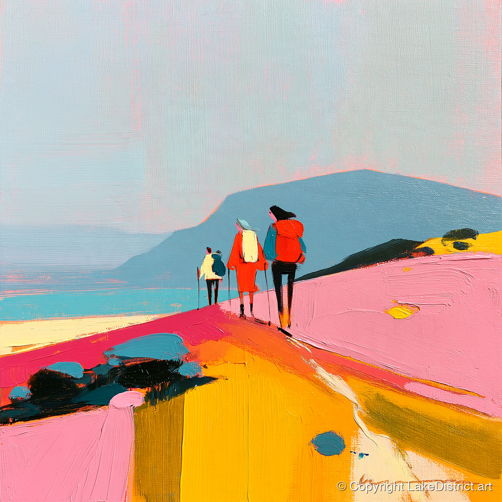 Bright Fell Ridge Walkers - lake district fell art print and canvas by Genevieve Moore A.I