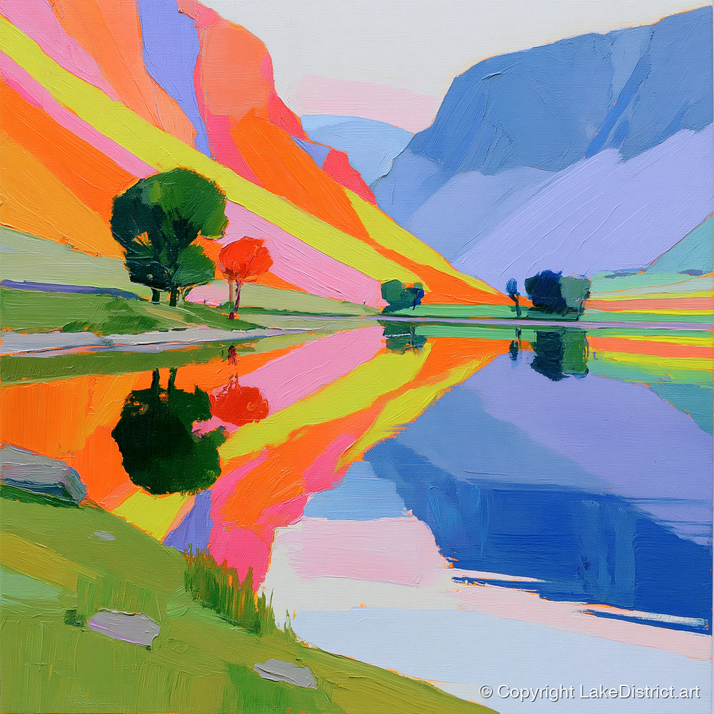Bright Fells Reflected in Calm Lake - lake district lake art print and canvas by Desmond Locke A.I