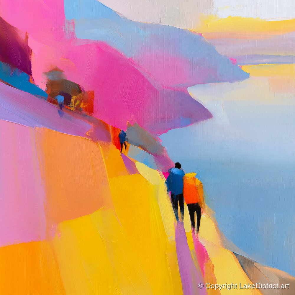Bright Lakeside Mountain Path - lake district walking art print and canvas by Imogen Tate A.I