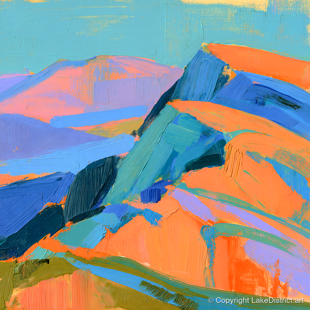 Bright Orange Fell Summit - lake district fell art print and canvas by Simon Prescott A.I