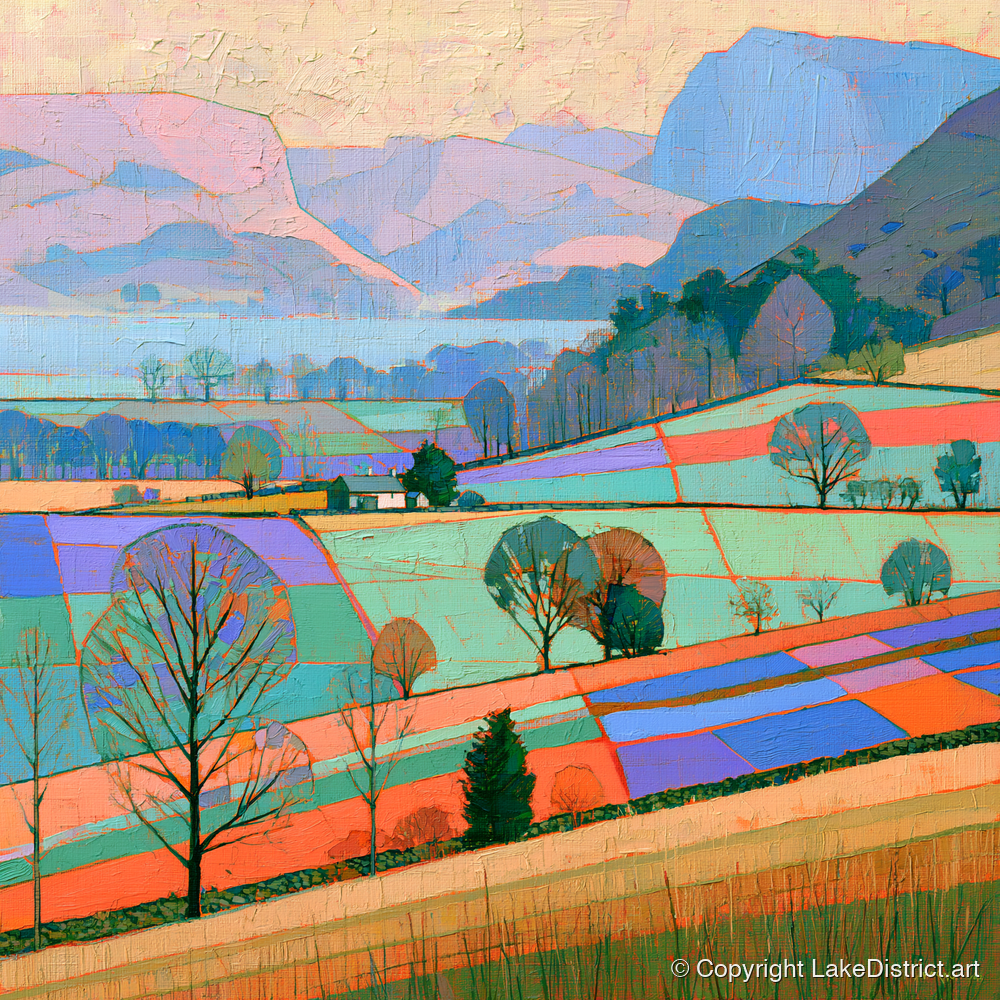 Bright Patchwork Valley Mist - lake district sky art print and canvas by Victor Penrose A.I