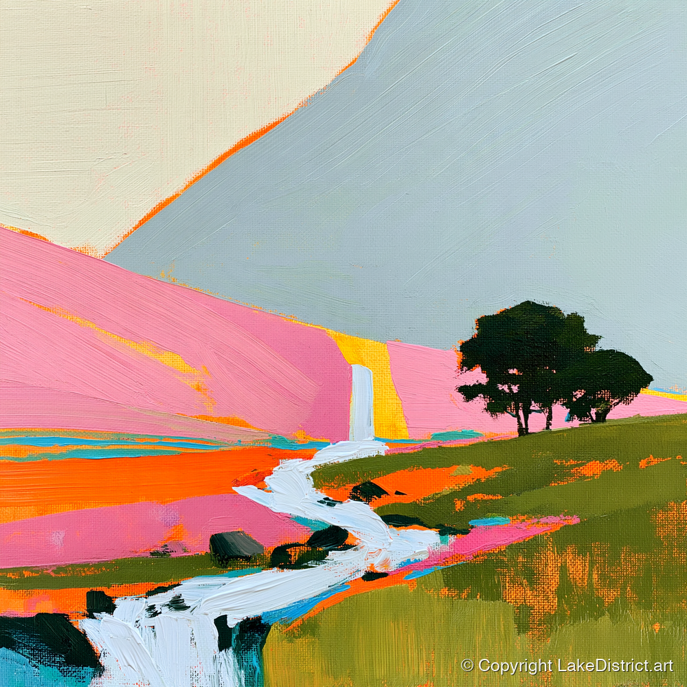 Bright Pink Fellside Beck - lake district waterfall art print and canvas by Genevieve Moore A.I