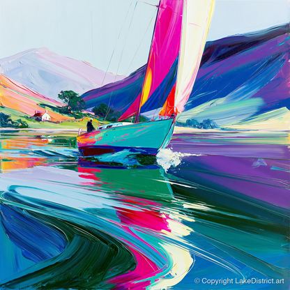 Bright Sails on a Breezy Lake - lake district walking art print and canvas by Julian Mercer A.I
