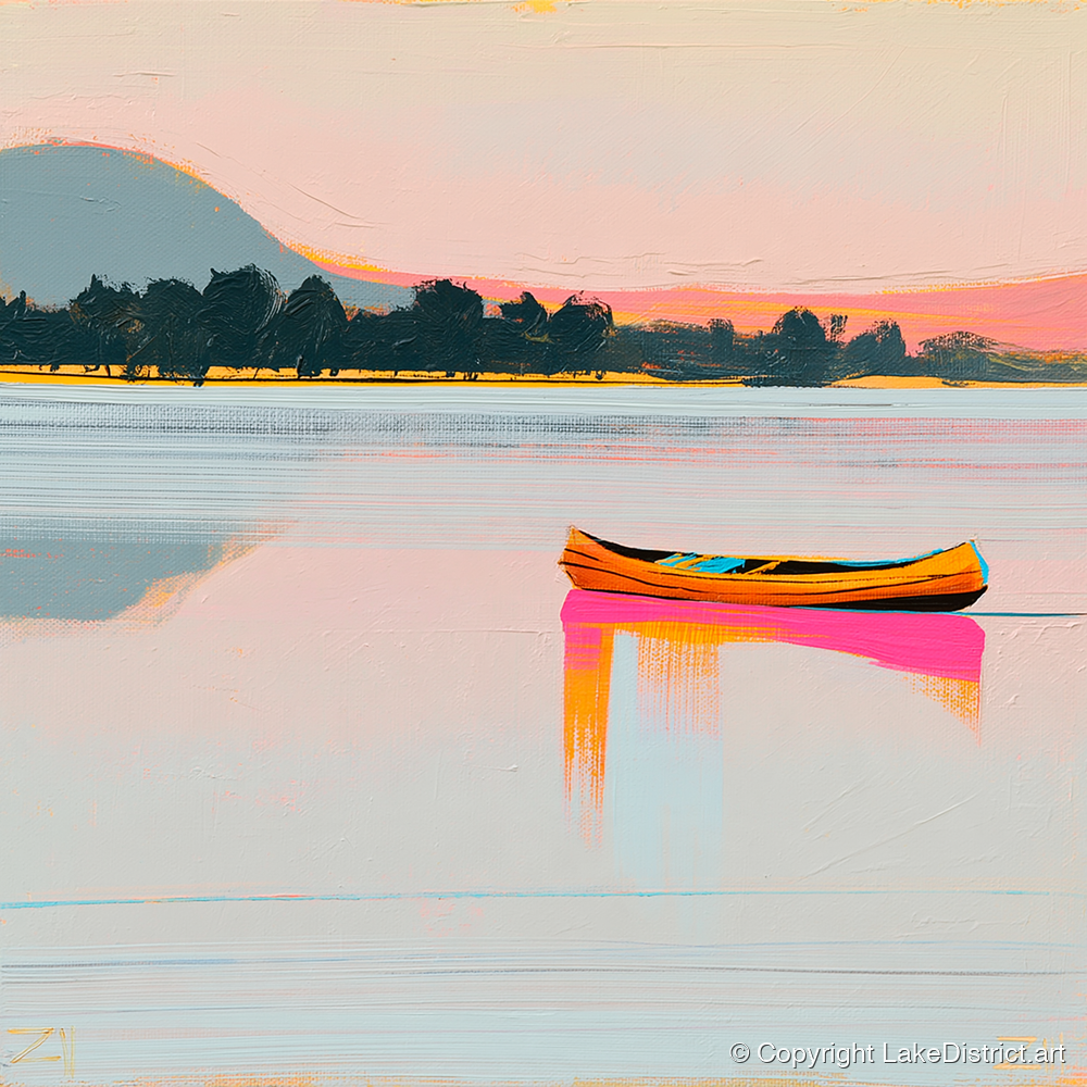 Bright Wooden Canoe on Windermere - lake district lake art print and canvas by Genevieve Moore A.I