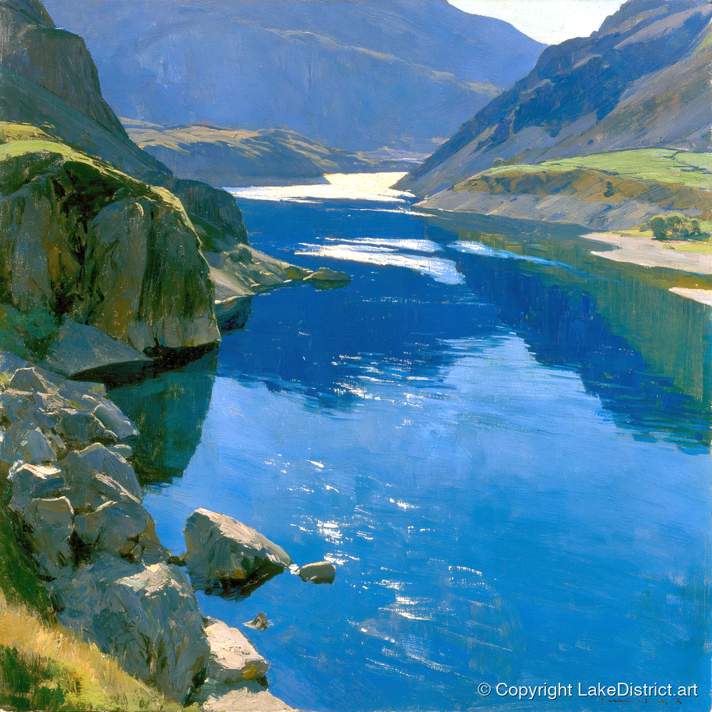 Brilliant Blue Lake and Fells - lake district lake art print and canvas by Percival Kent A.I