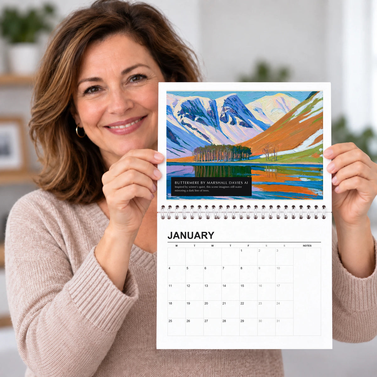 Buttermere 2027 wall calendar held open, painting above the dates, a Lake District gift