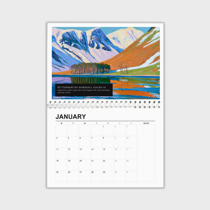 Buttermere 2027 wall calendar hanging open, painting above the dates