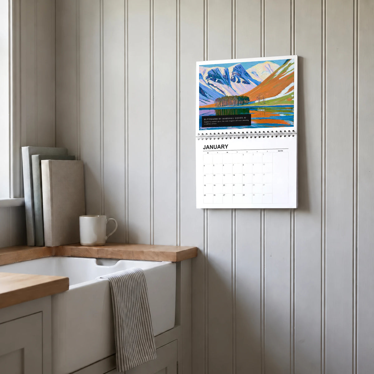 Buttermere 2027 wall calendar hanging in a utility room