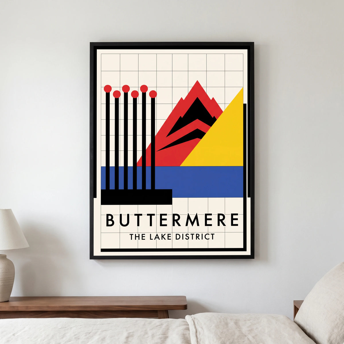 Buttermere travel poster in a black frame, hanging in a bedroom3