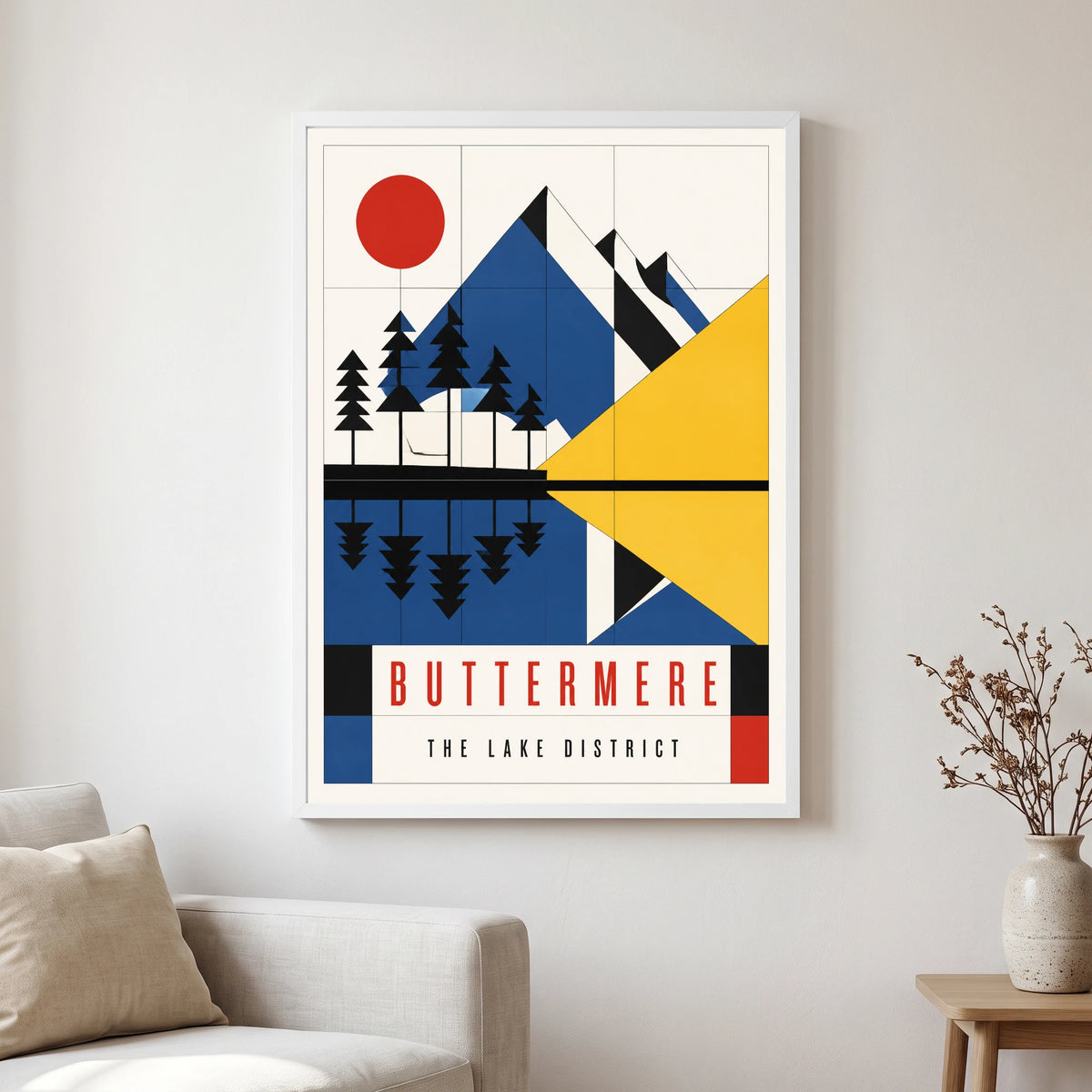 Buttermere travel poster in a white frame, hanging in a living2