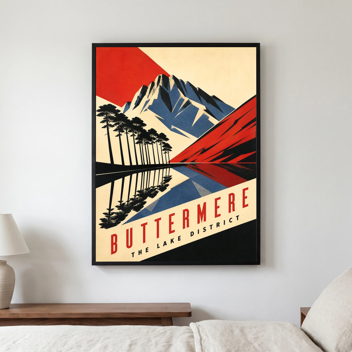Buttermere travel poster in a black frame, hanging in a bedroom3