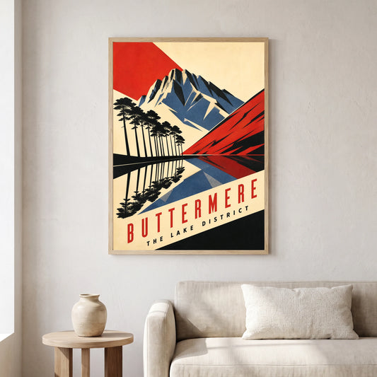 Buttermere travel poster in a natural frame, hanging in a living