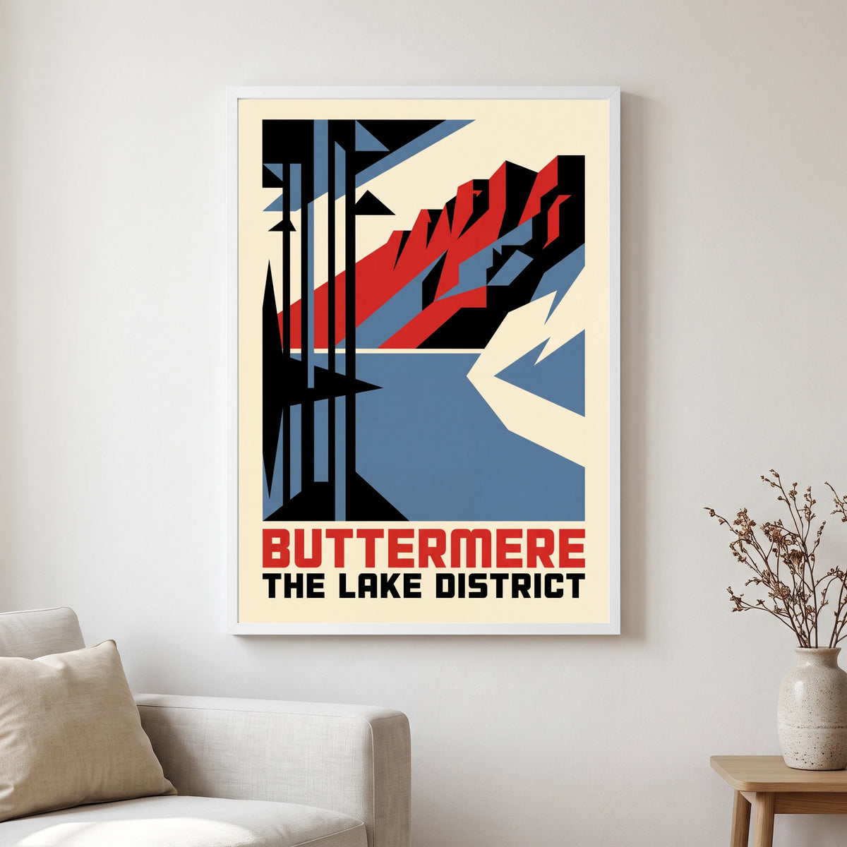 Buttermere travel poster in a white frame, hanging in a living2