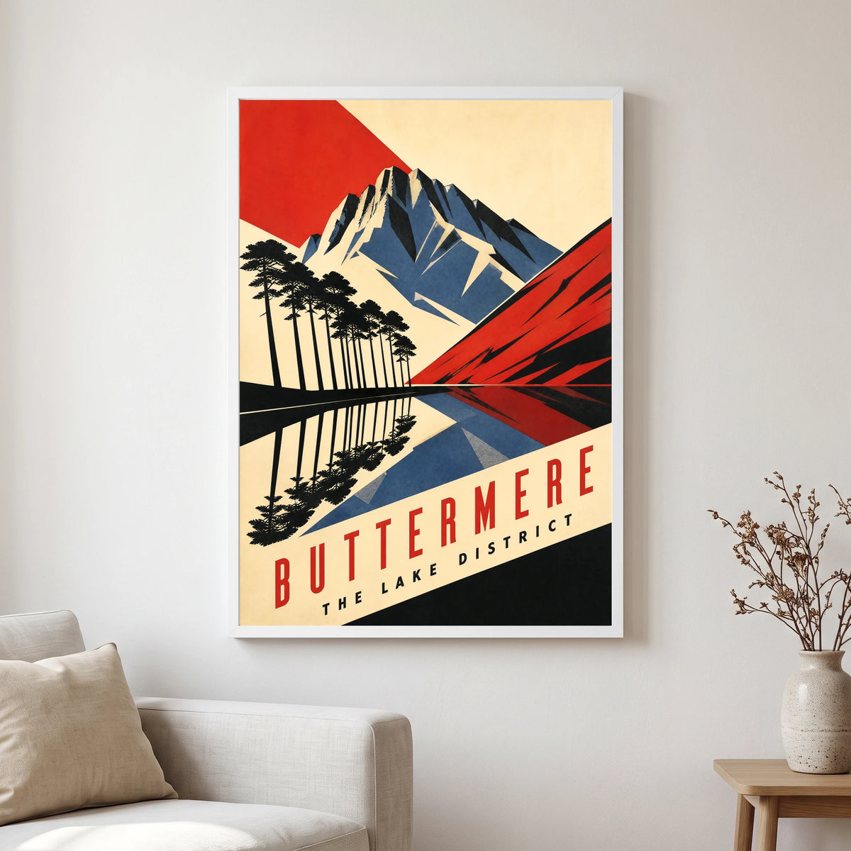 Buttermere travel poster in a white frame, hanging in a living2