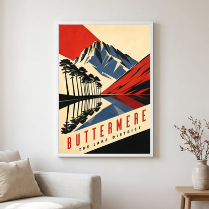 Buttermere travel poster in a white frame, hanging in a living2