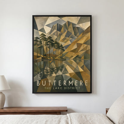 Buttermere travel poster in a black frame, hanging in a bedroom3