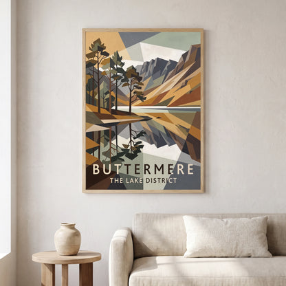 Buttermere travel poster in a natural frame, hanging in a living