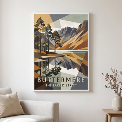 Buttermere travel poster in a white frame, hanging in a living2