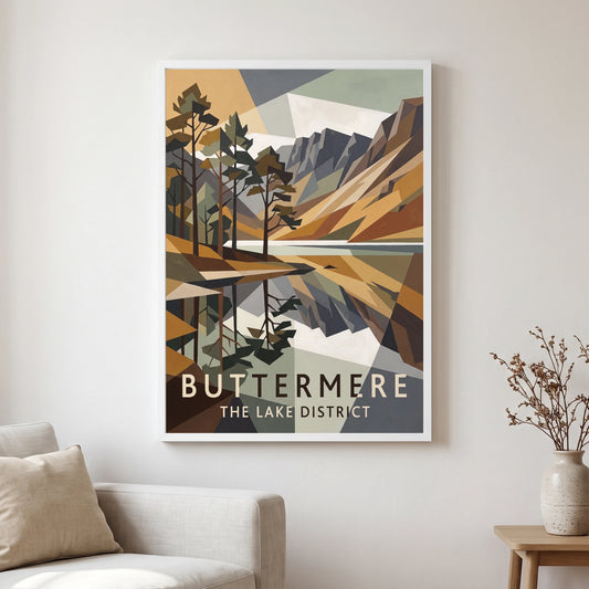 Buttermere travel poster in a white frame, hanging in a living2